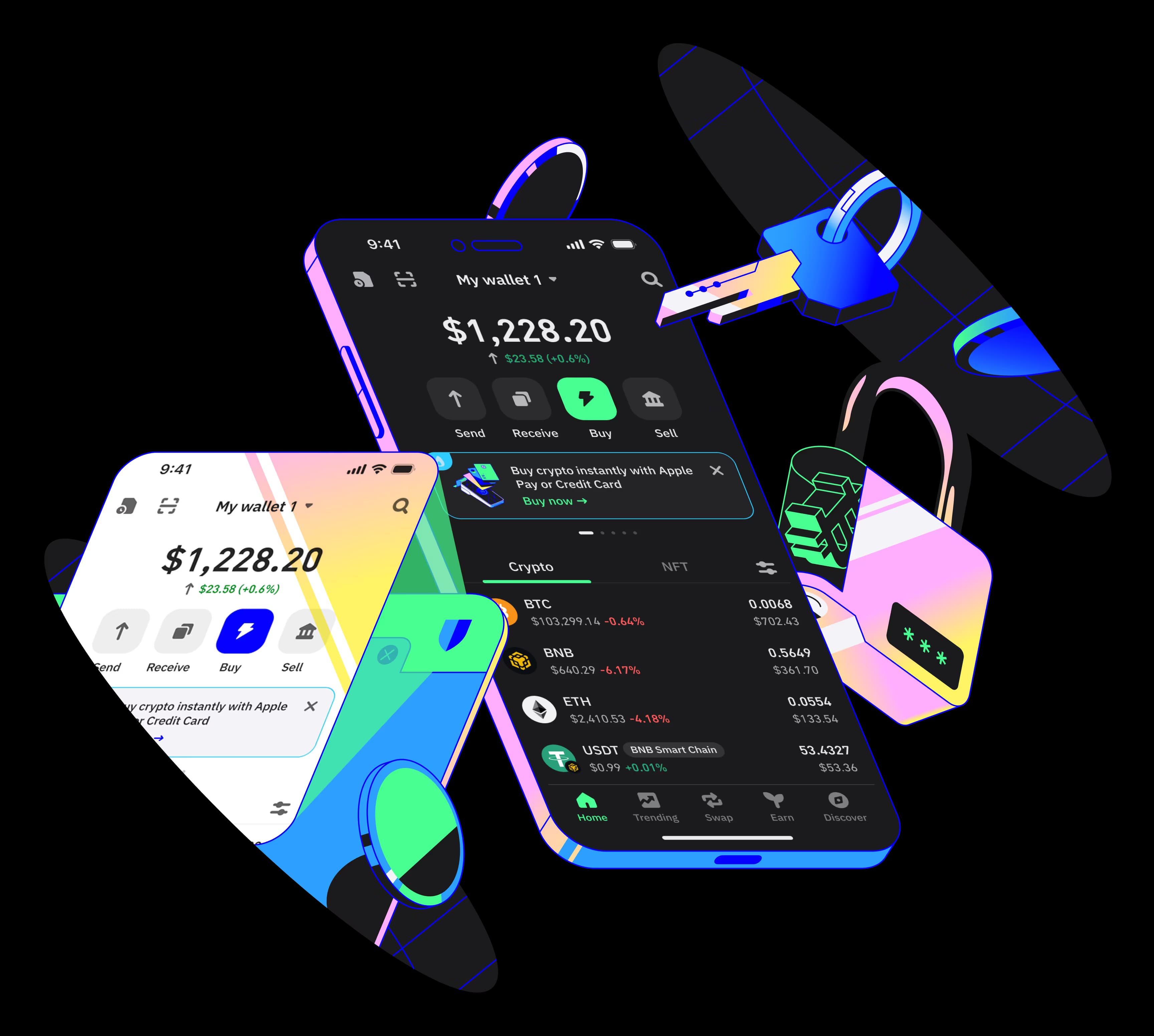 Crypto debit card with mobile app showing live balance